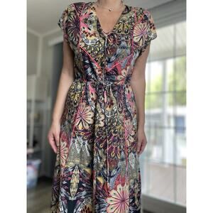 Boho Floral Print Women's V Neck Short Sleeve Beach Vacation Long Dress 3